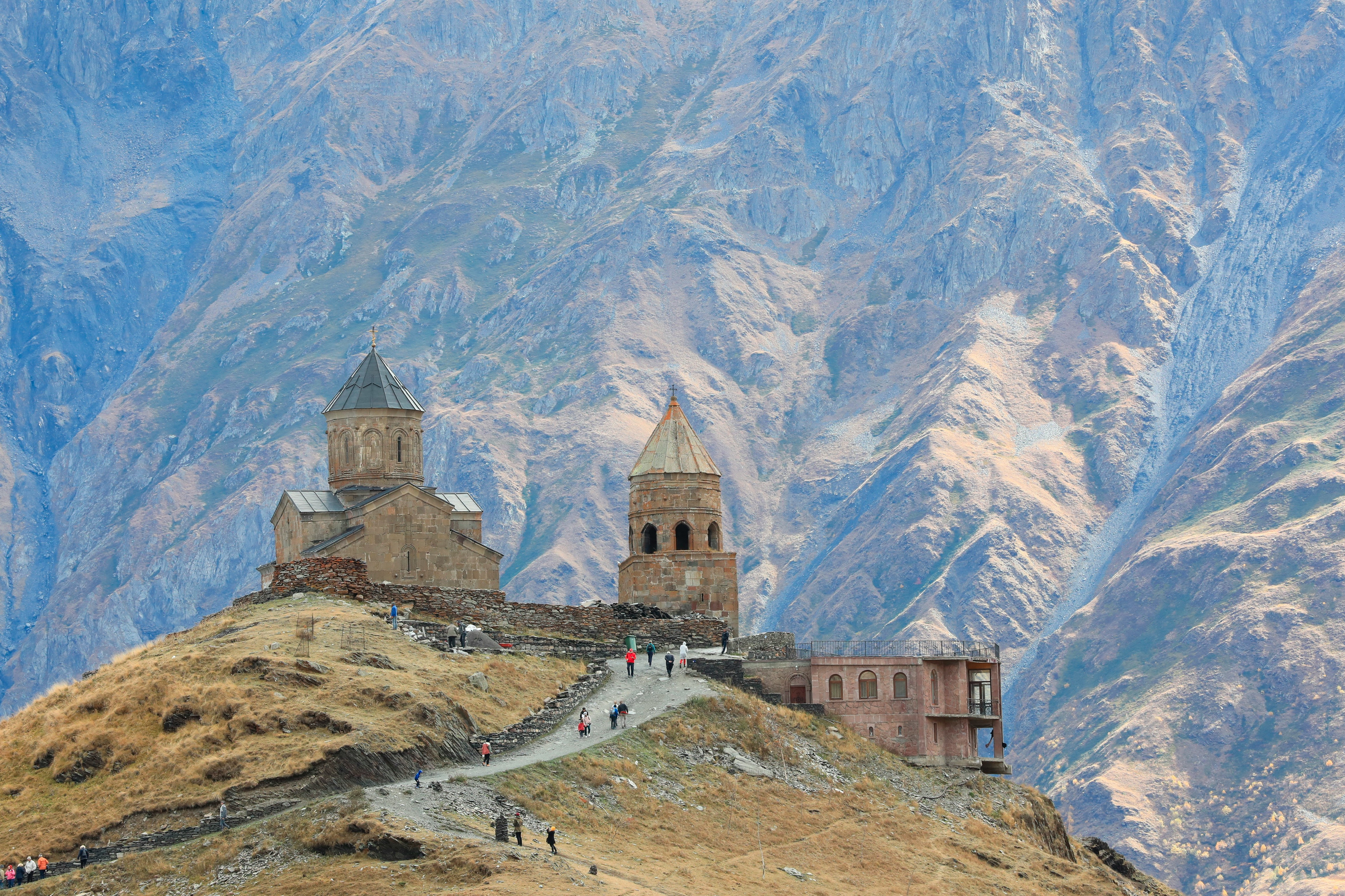 Lamaria Church in Ushguli against the Shkhara range