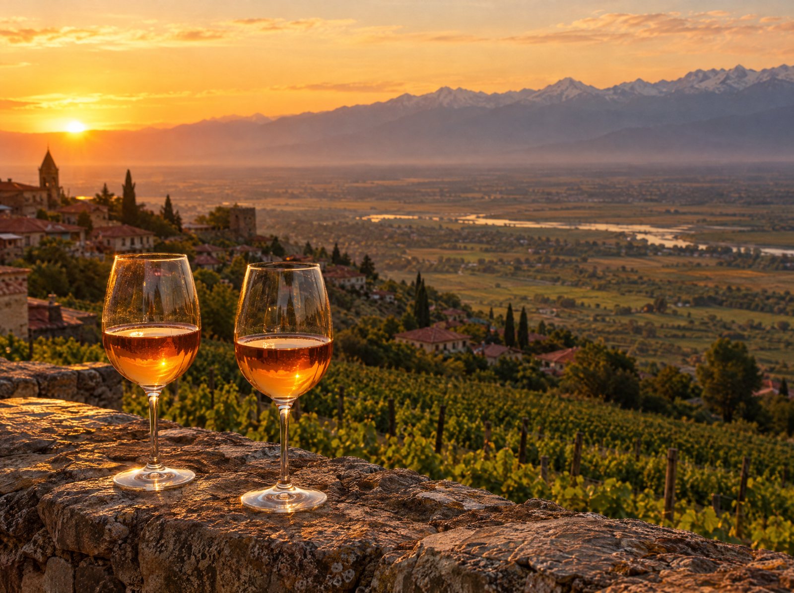 Amber wine at sunset over the Alazani valley