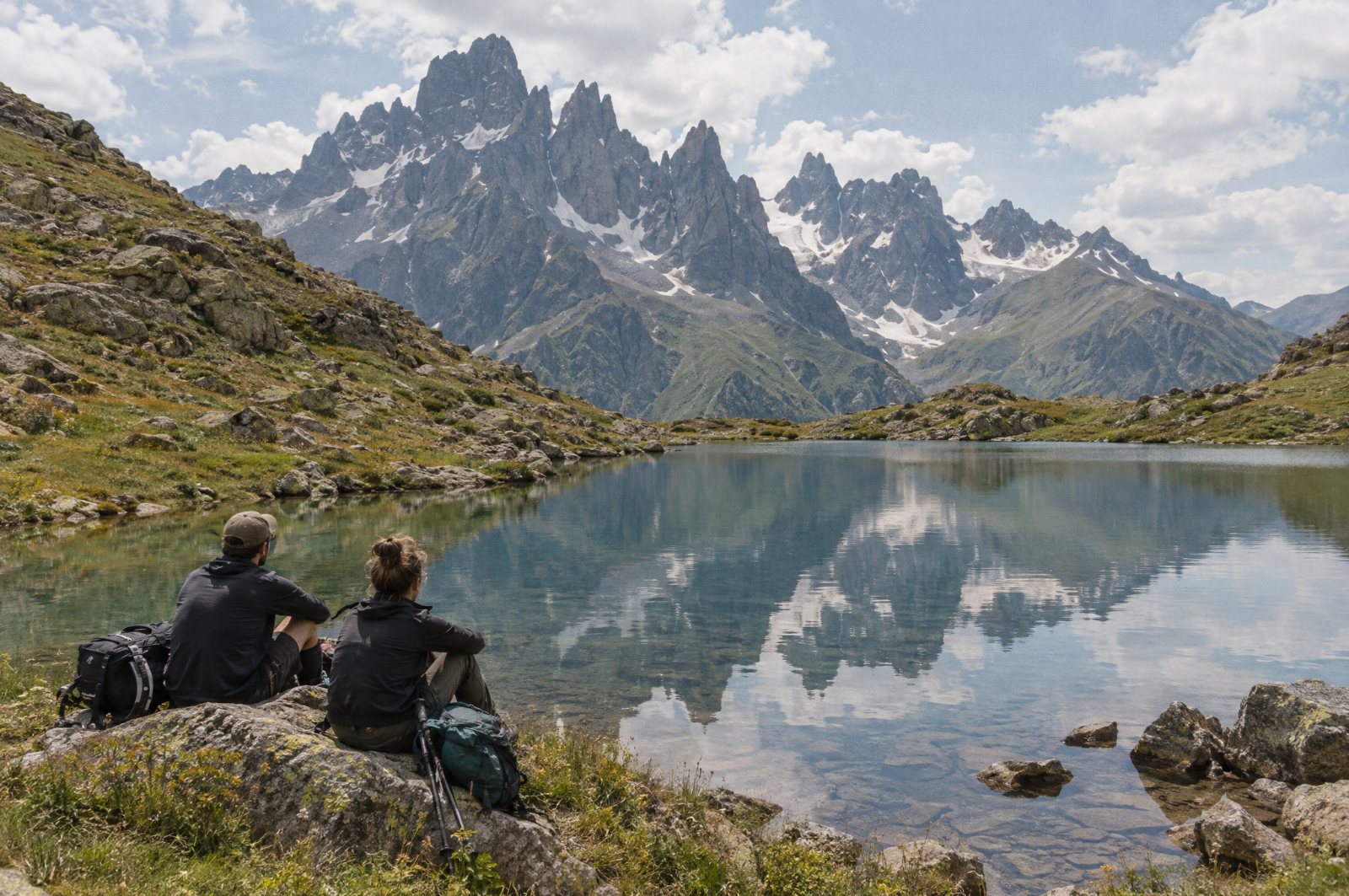 Hikers resting by an alpine lake below the Chaukhi massif, Kazbegi