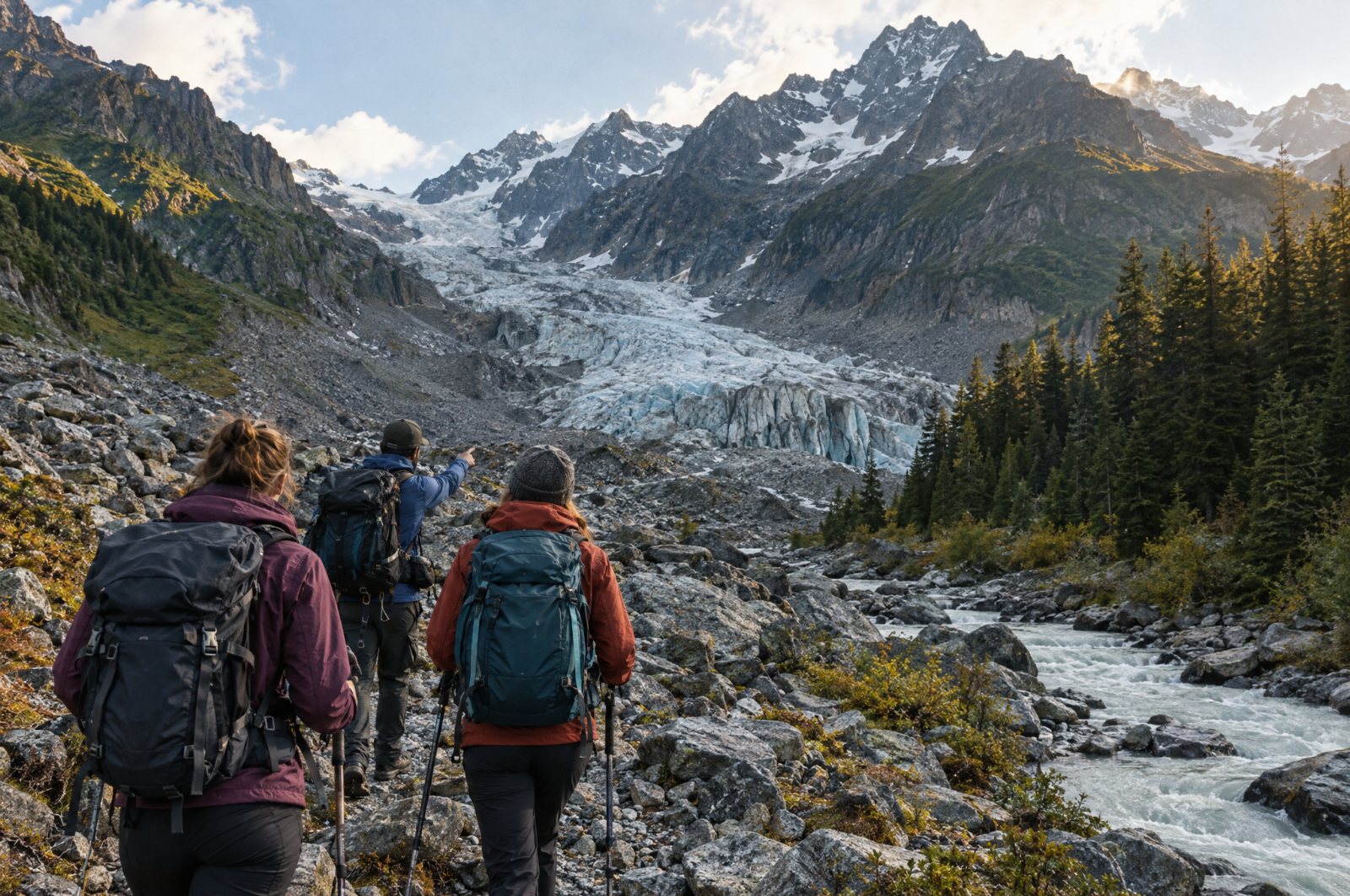 Hikers approaching the Chalaadi Glacier near Mestia, Svaneti