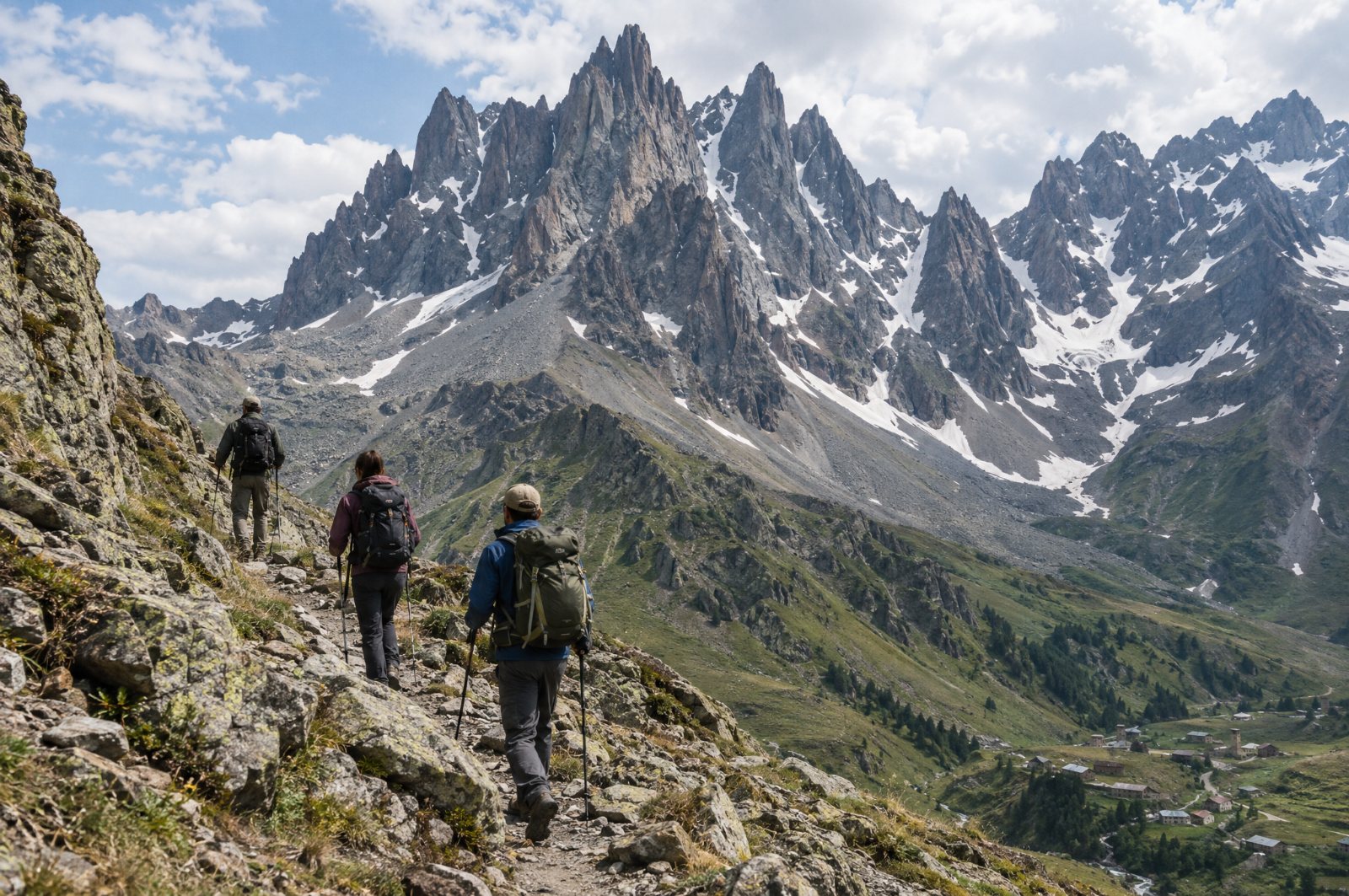 Hikers on a rocky trail below the Chaukhi peaks