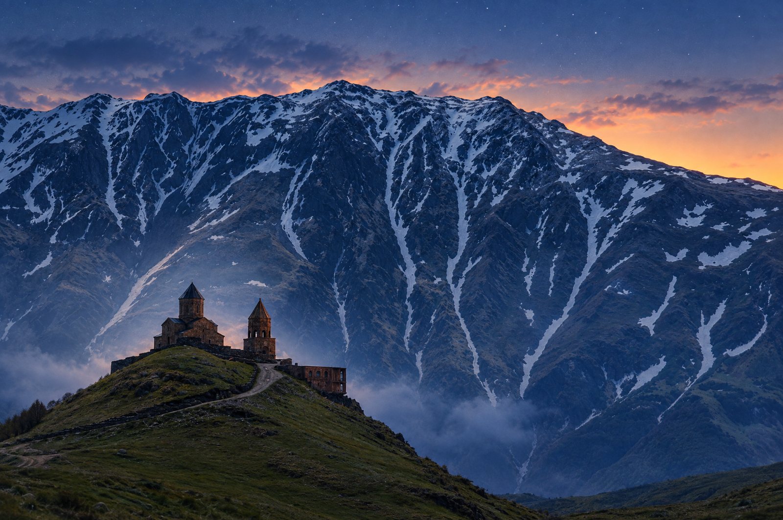 Gergeti Trinity Church at blue hour