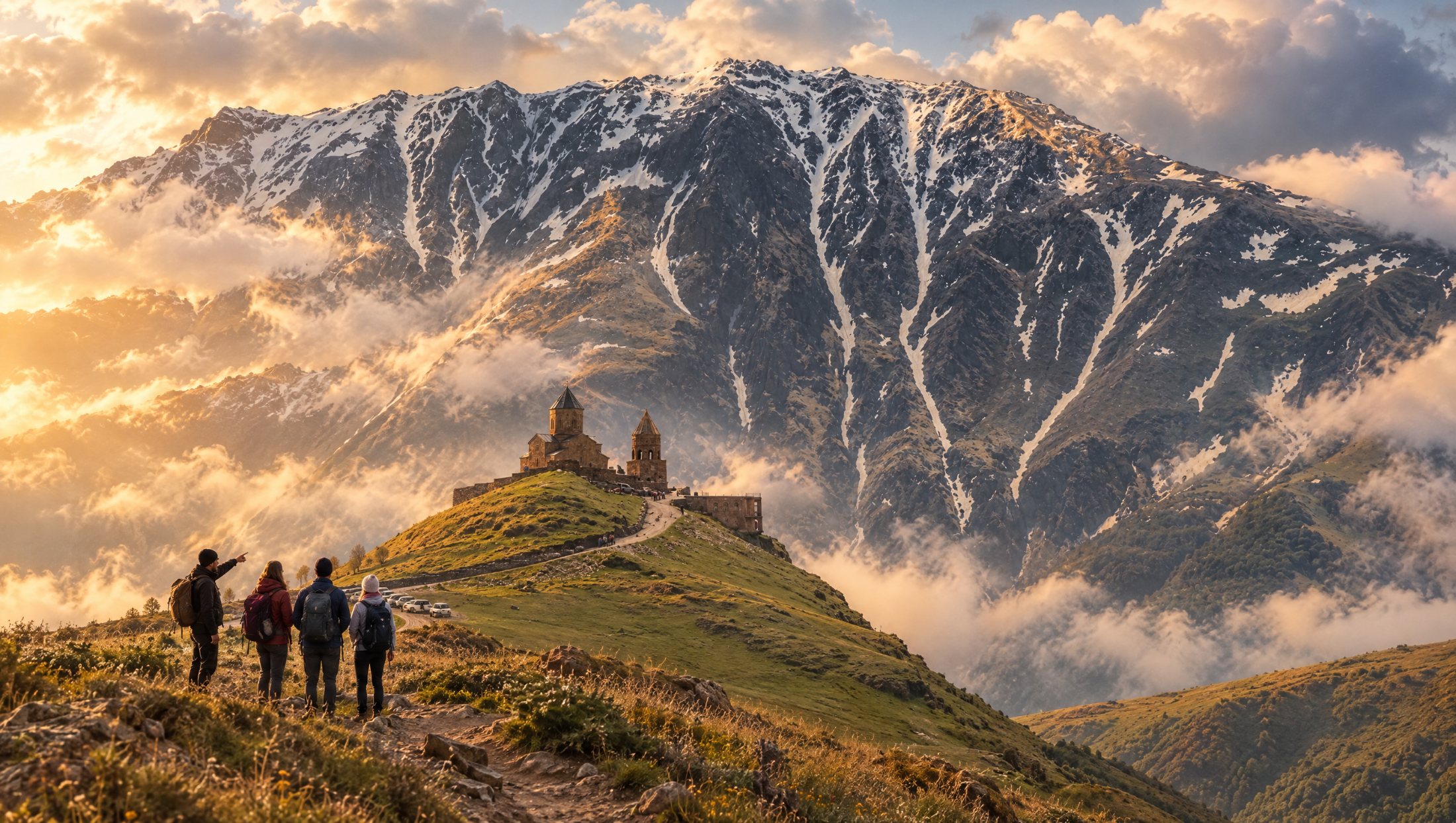 Small group on the ridge facing Gergeti Trinity and Mount Kazbek