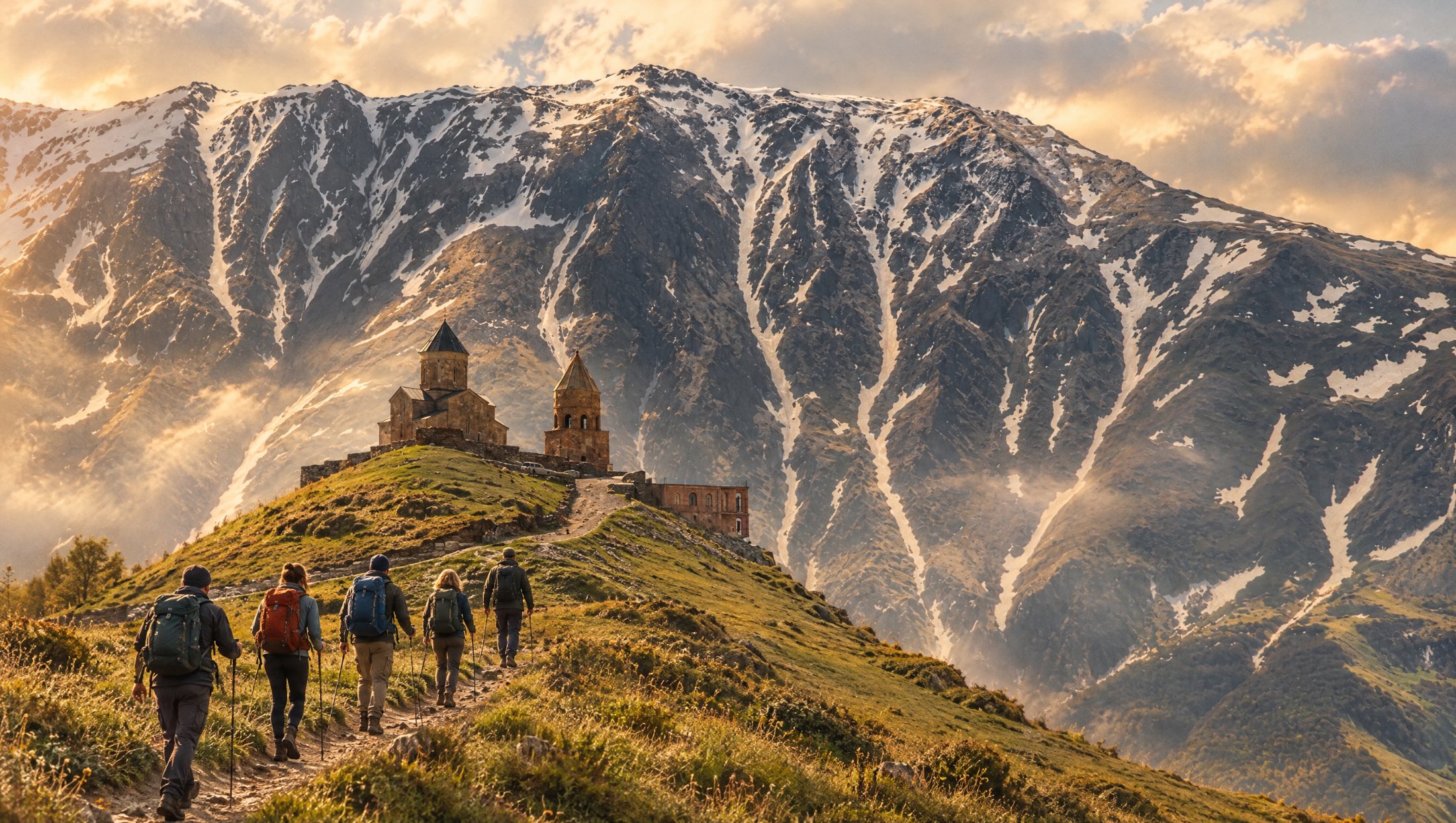 Private group hiking up to Gergeti Trinity Church below Mount Kazbek