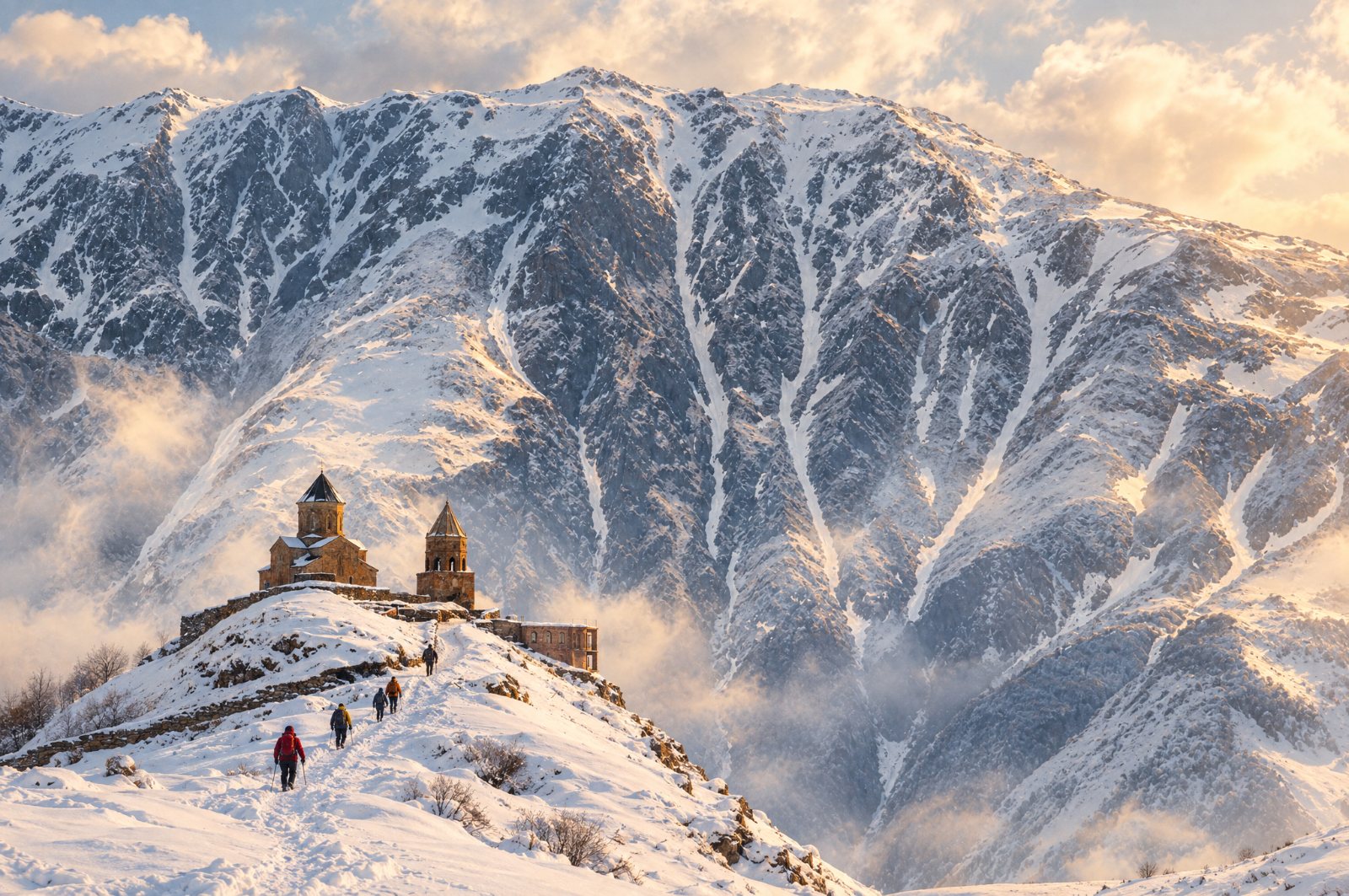 Gergeti Trinity Church in deep winter snow