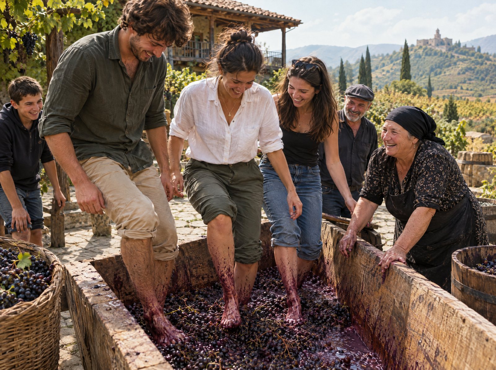 Stomping grapes in a traditional satsnakheli trough