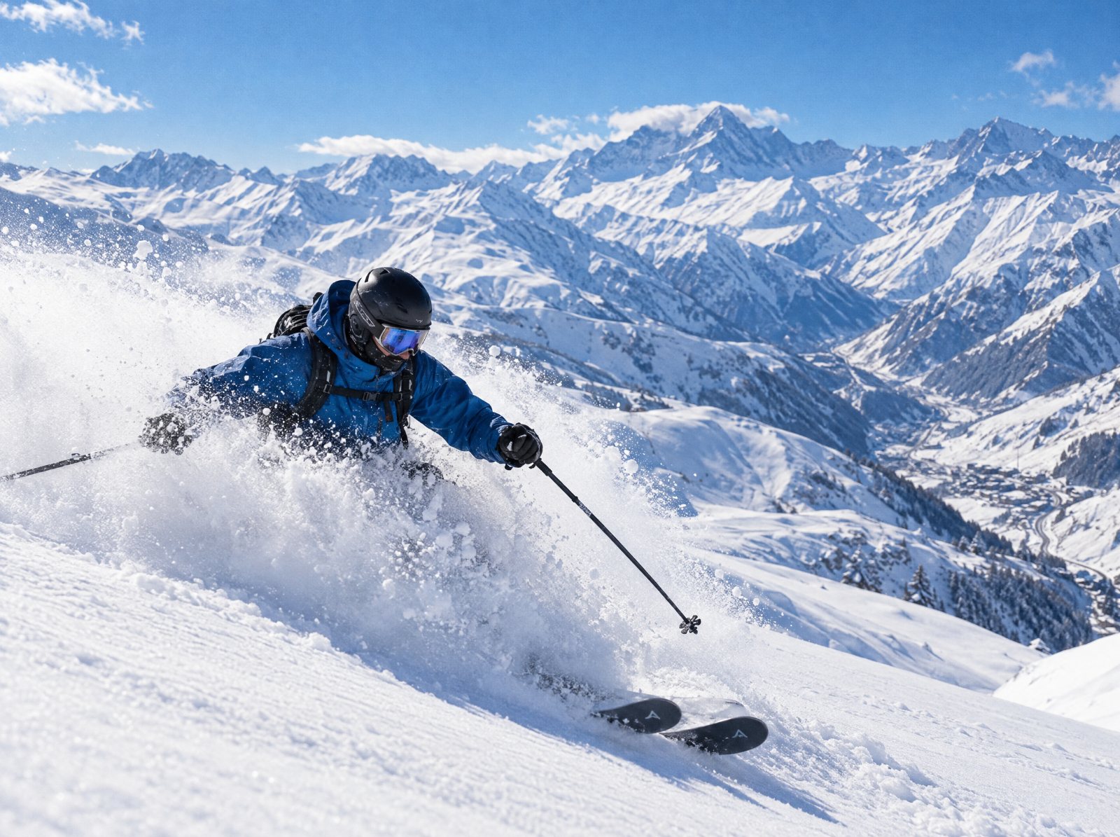 Freeride skier in powder above Gudauri
