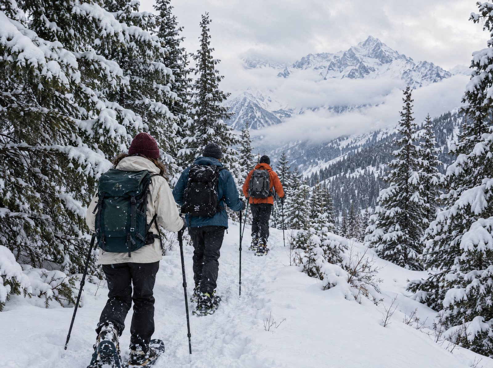 Snowshoeing through a snowy forest near Gudauri