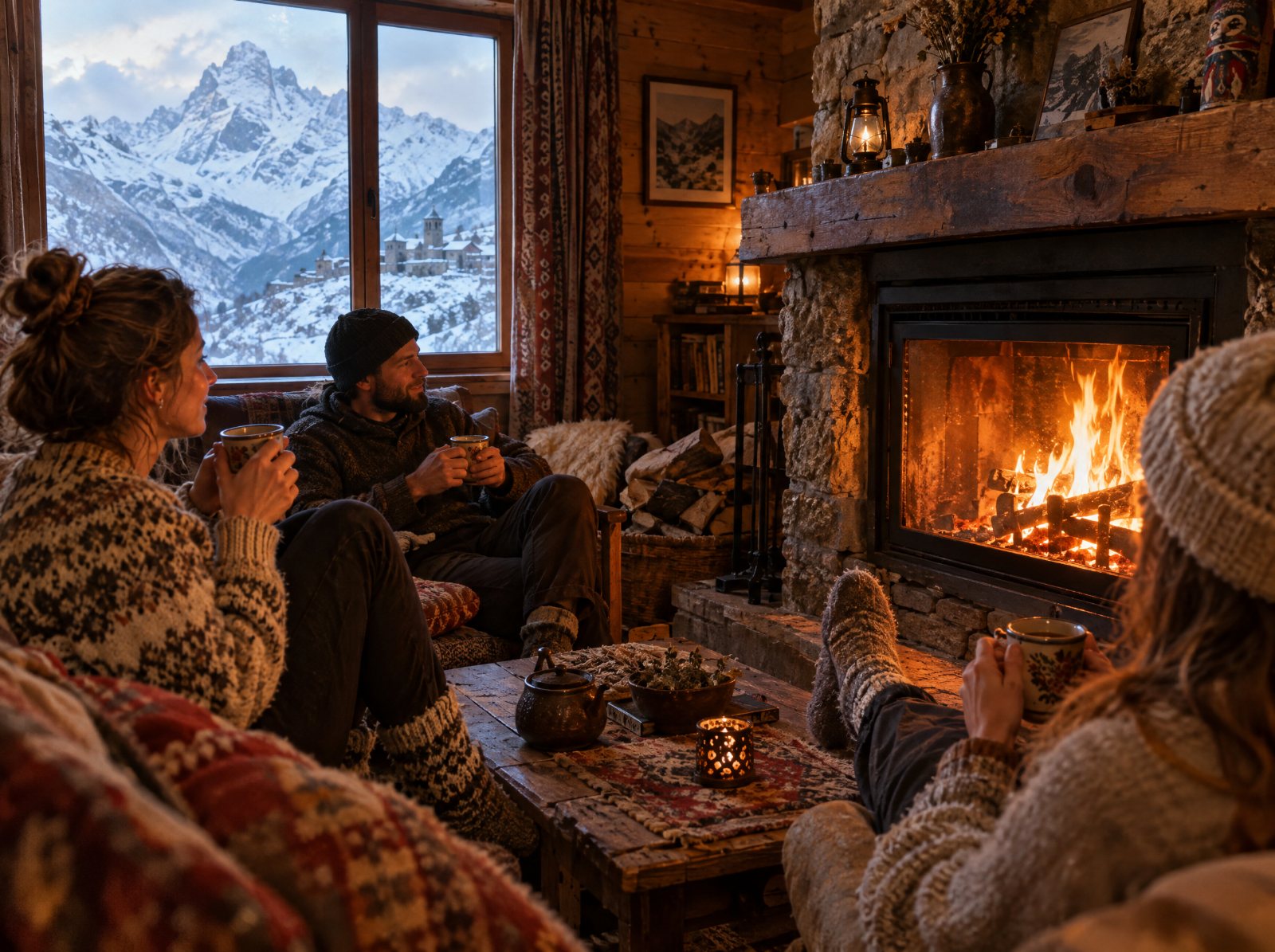 Warming up by the fire in a Kazbegi guesthouse