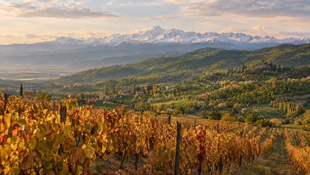 Kakheti vineyard in autumn with Caucasus peaks behind