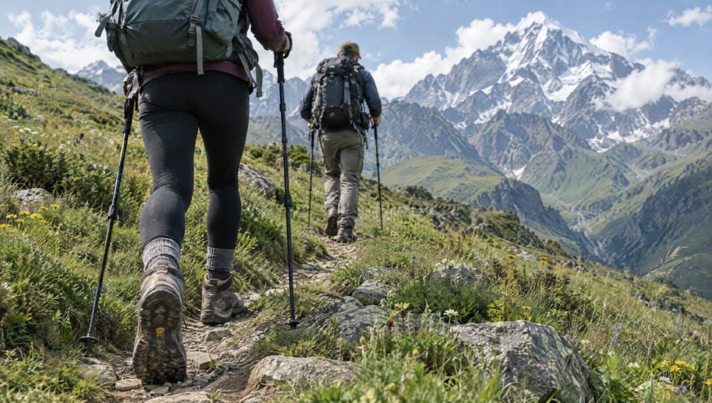 Hikers with poles on a moderate Kazbegi mountain trail