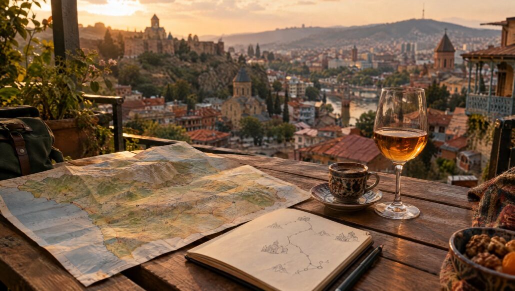 Planning a route through Georgia on a terrace above Tbilisi