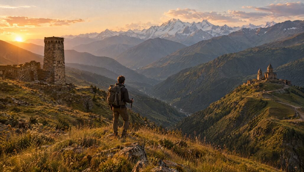 Hiker on a Caucasus ridge choosing between mountain valleys