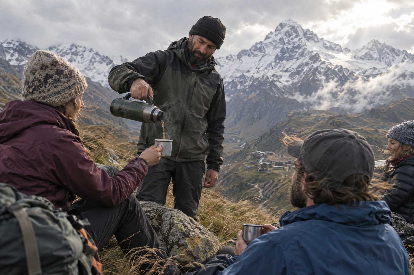 Guide pouring tea for hikers on a Kazbegi trail