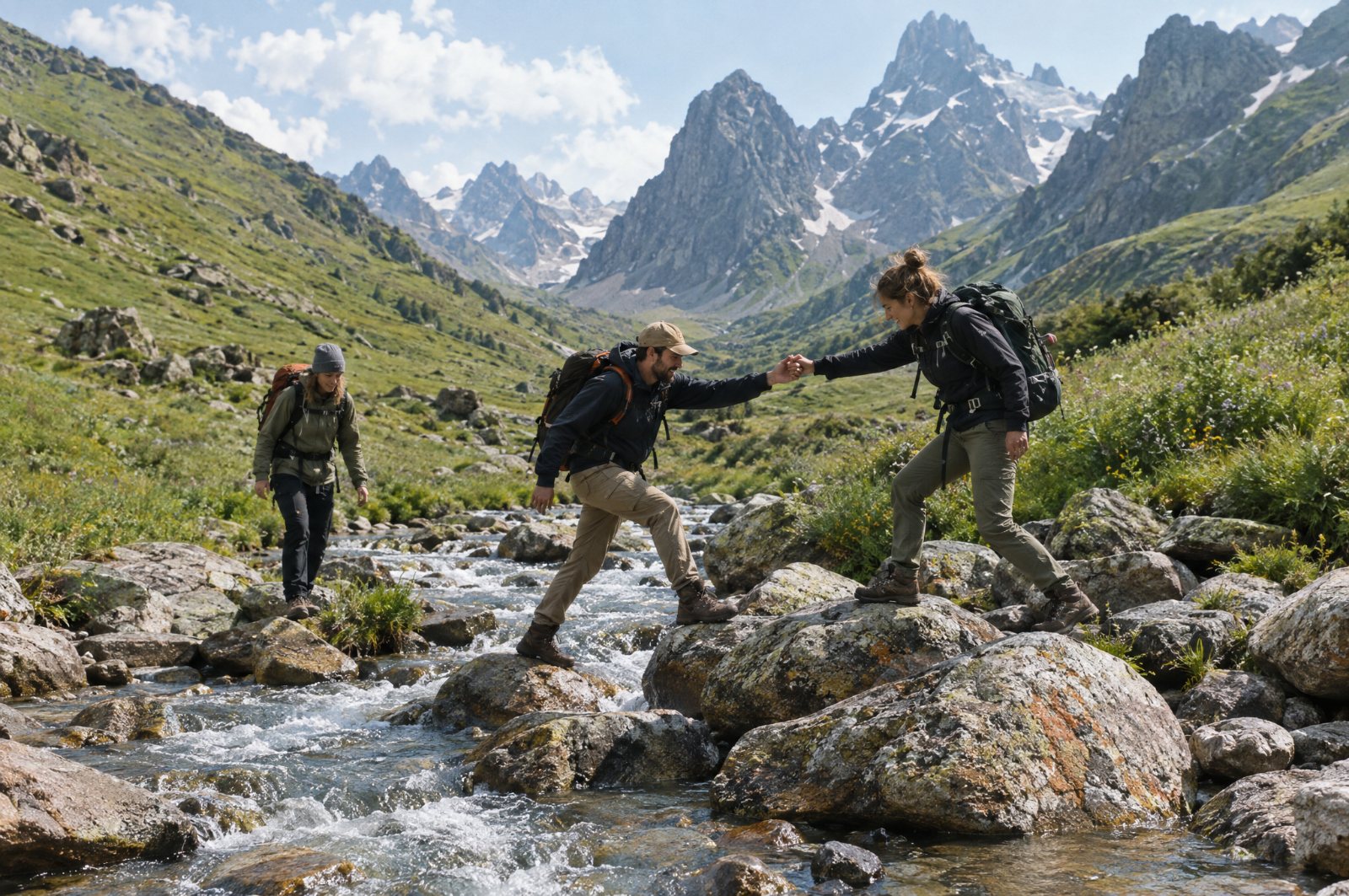 Hikers crossing a mountain stream in the Juta valley