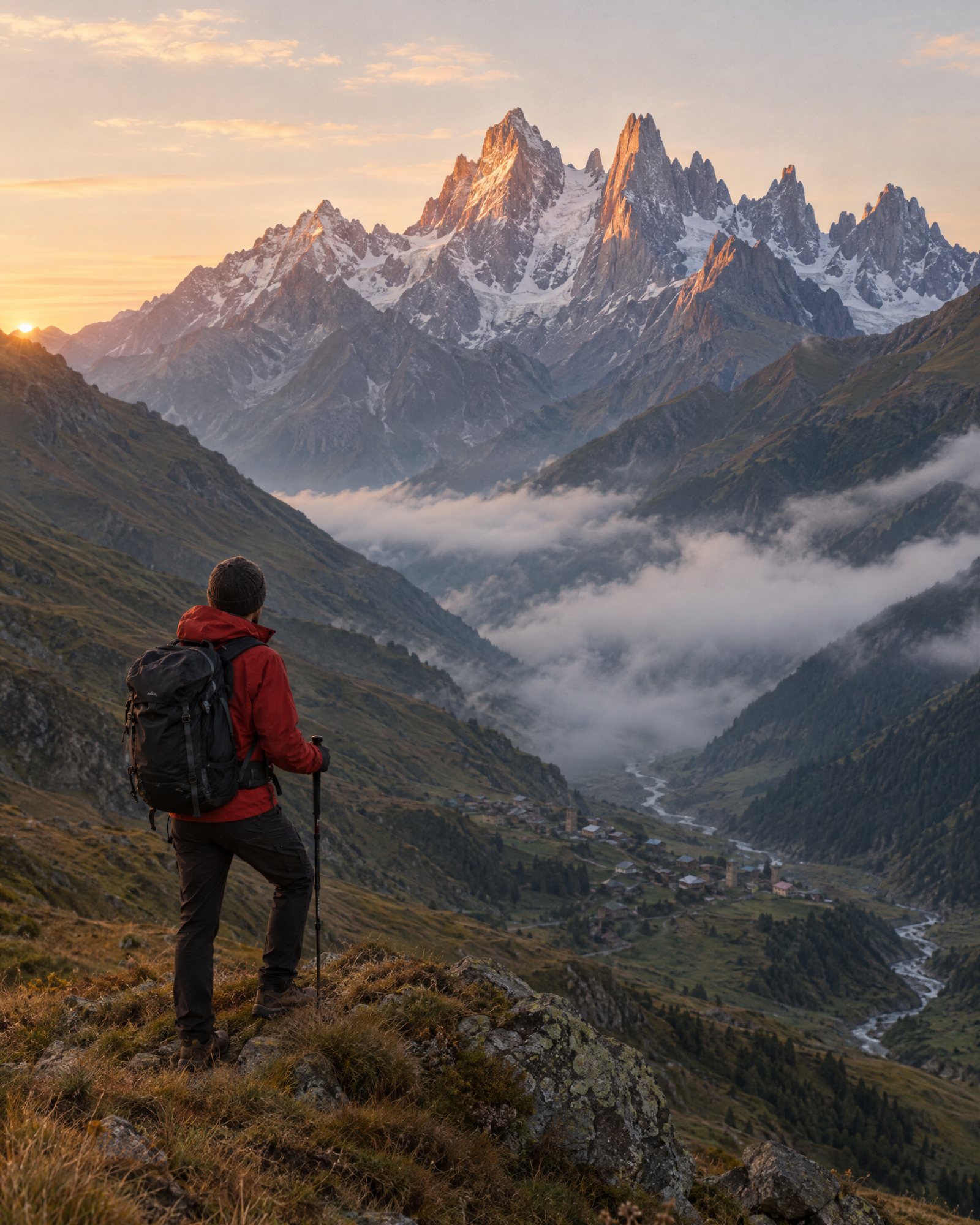 Hiker above the Juta valley at sunrise
