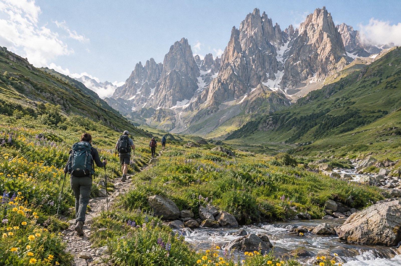 Hikers on the Juta valley trail toward the Chaukhi peaks