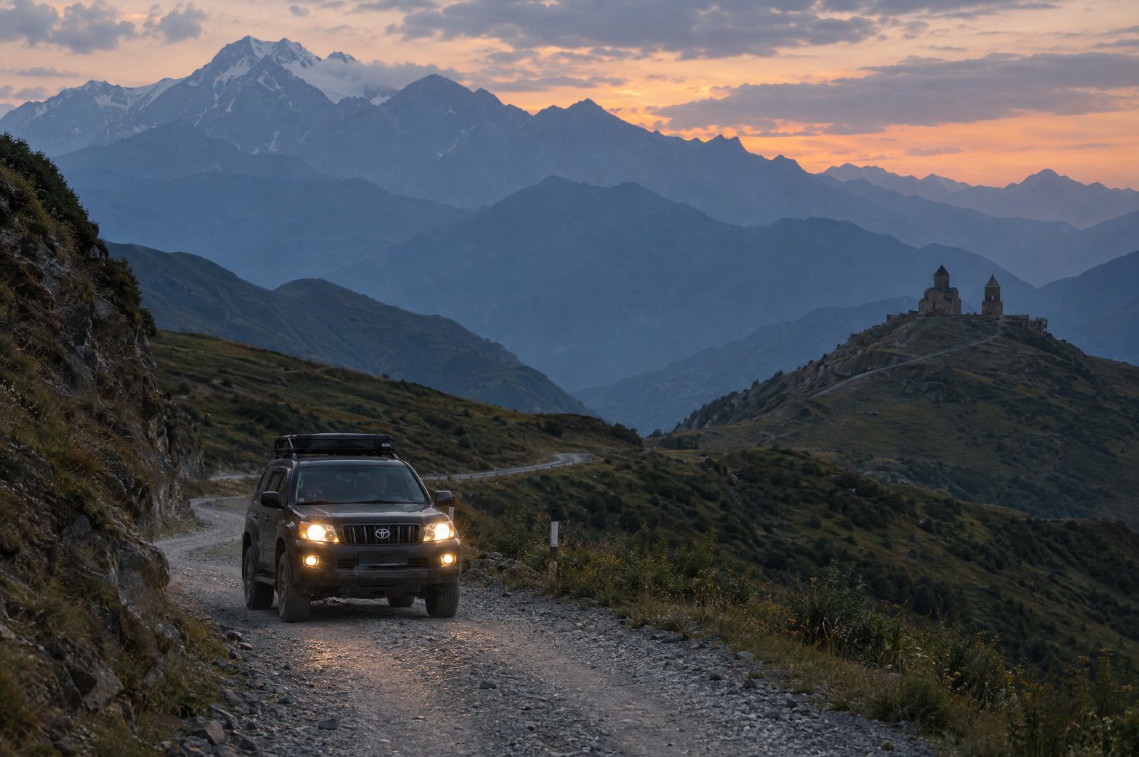 4WD on a mountain road in Kazbegi at dusk