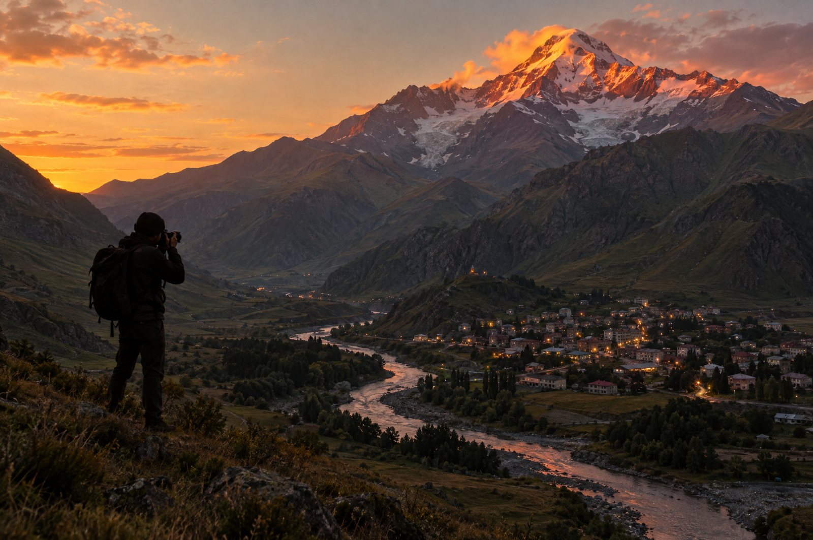 Sunset over the Kazbegi valley and Stepantsminda