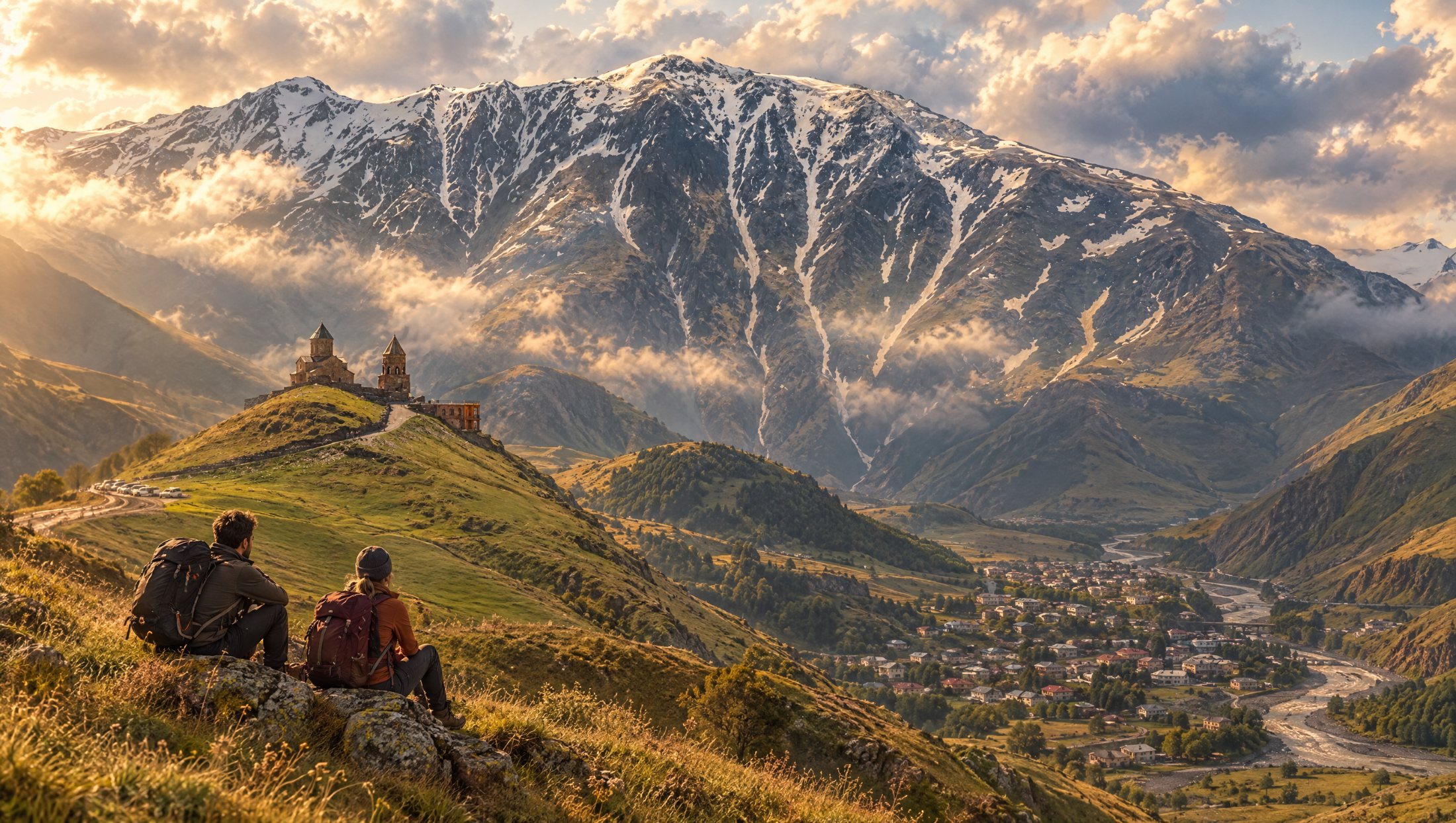 Kazbegi valley with Gergeti Trinity and Mount Kazbek
