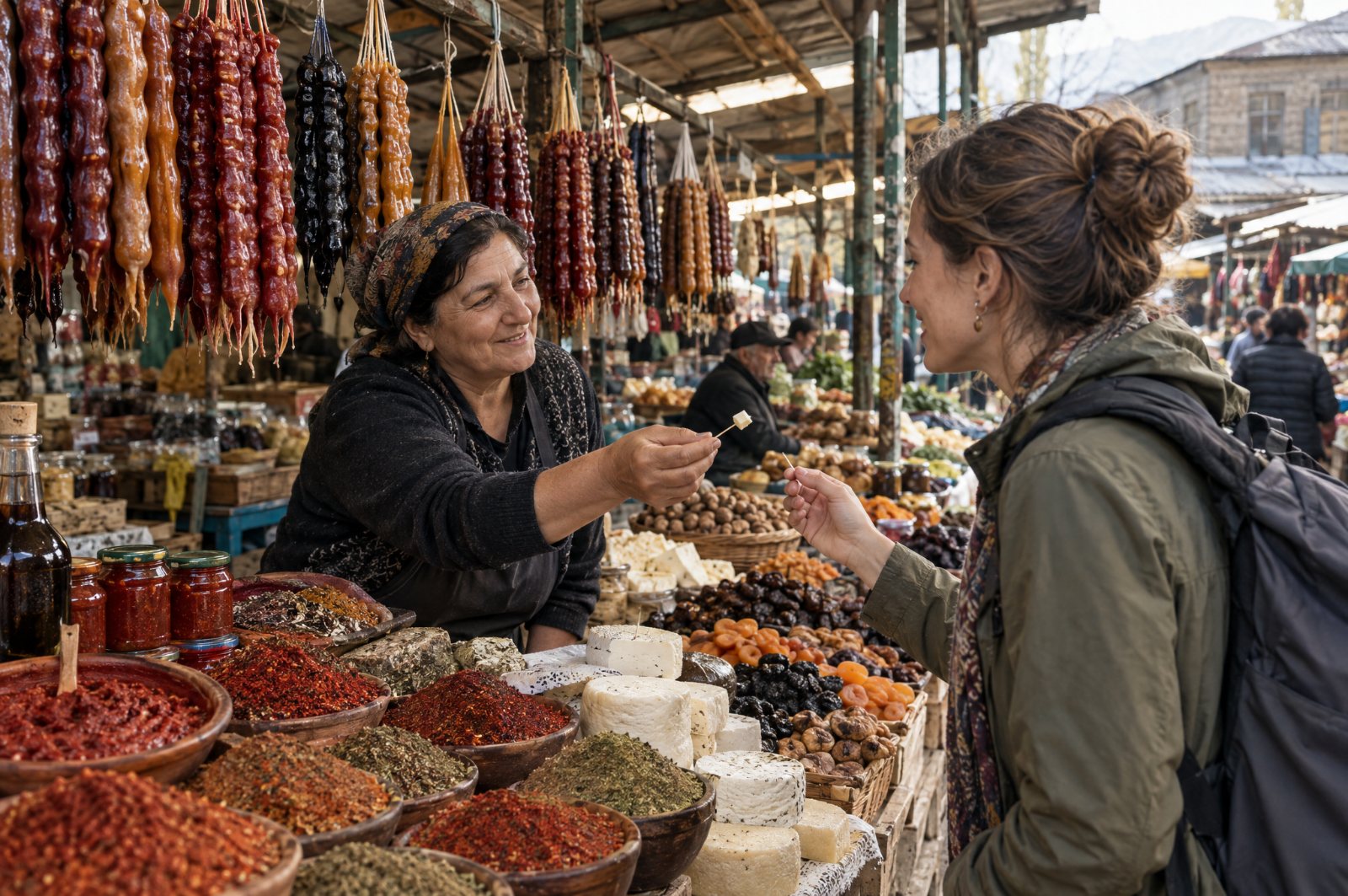Churchkhela and spices at the Kutaisi Green Bazaar