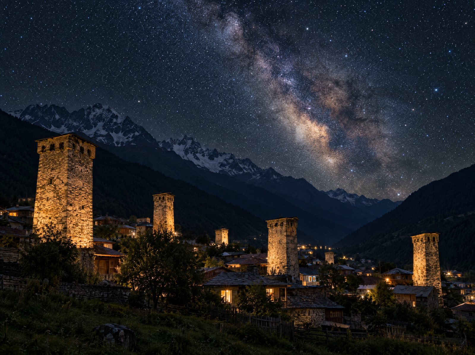 Mestia Svan towers under the Milky Way