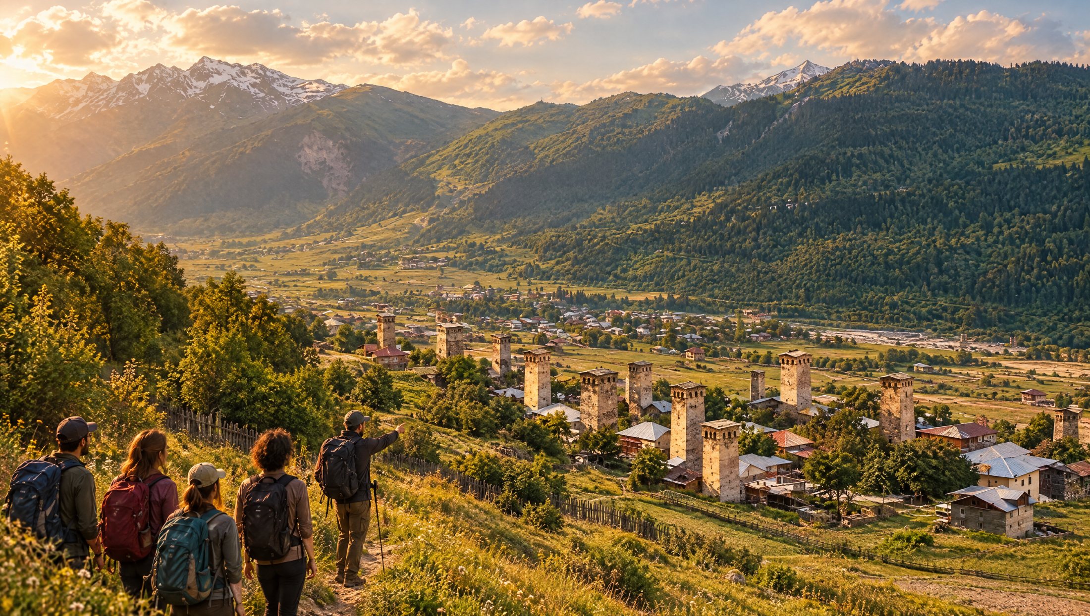 Hikers above Mestia and its Svan towers