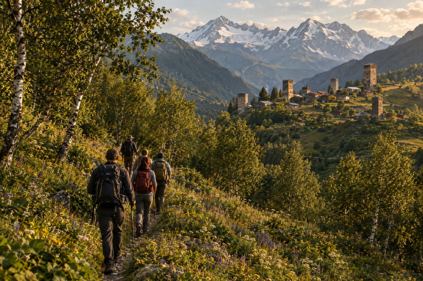 Guide and hikers on the Mulakhi Valley trail, Svaneti