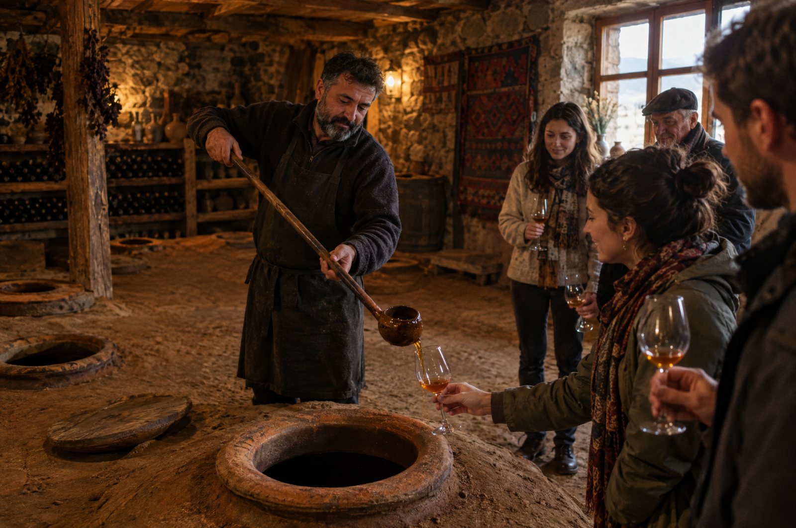 Amber wine poured from a qvevri in a Kakheti family cellar
