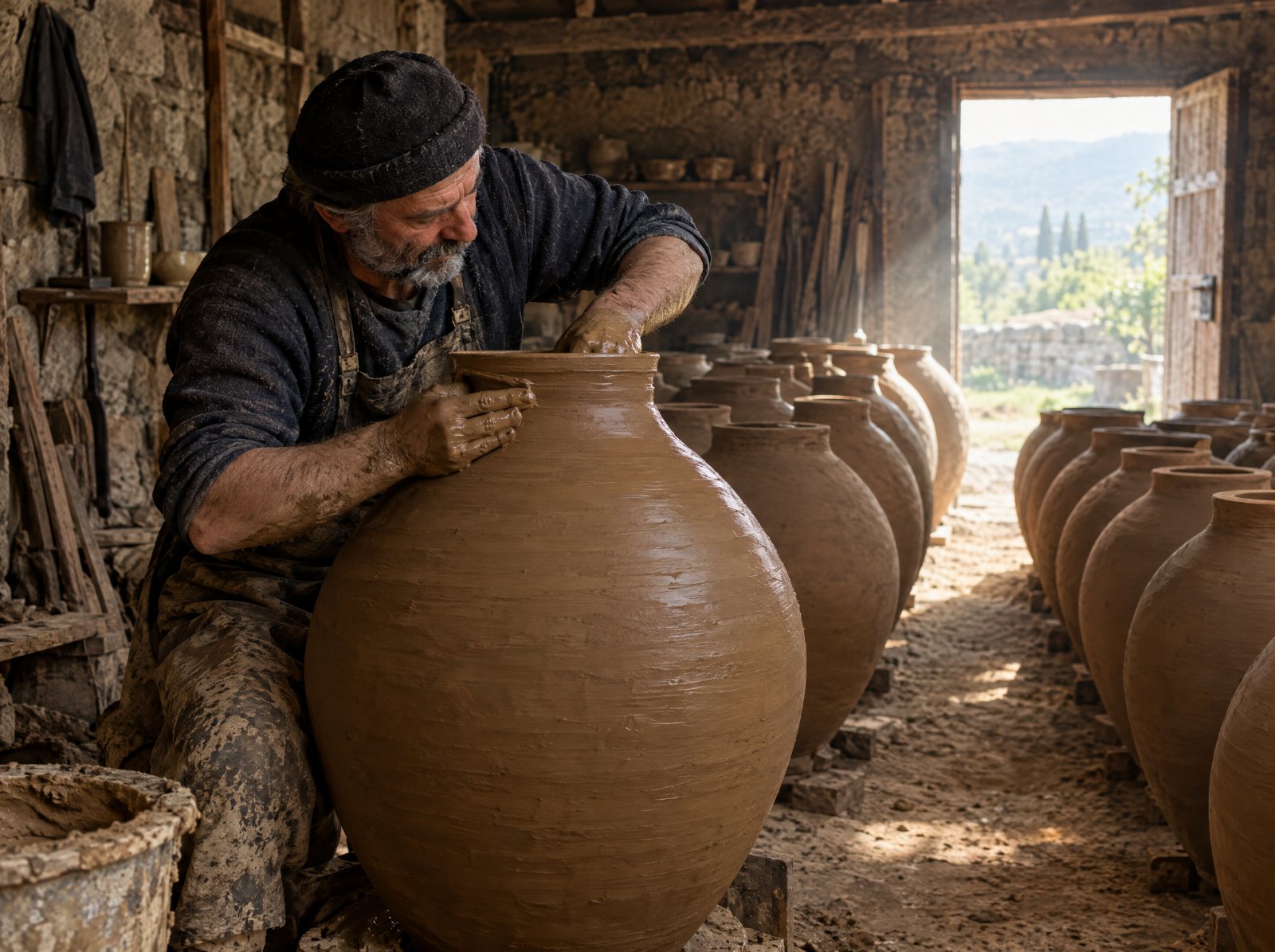 Craftsman shaping a clay qvevri wine vessel