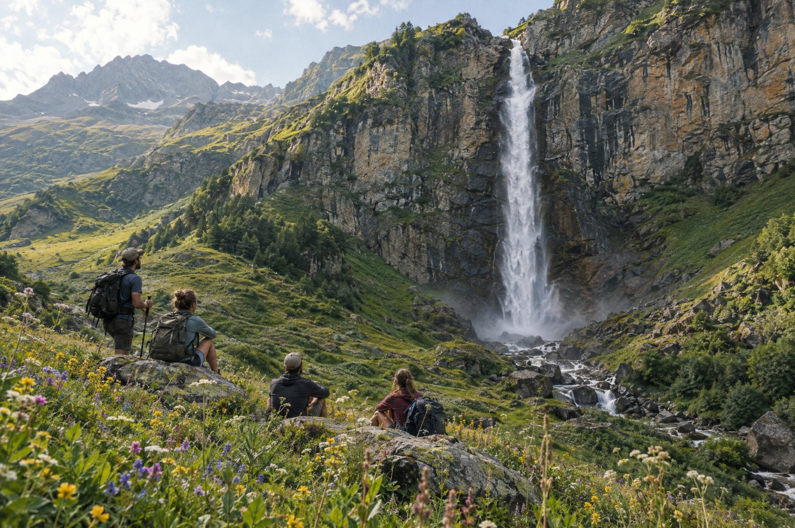Hikers resting below Shdugra Waterfall in the Becho Valley, Svaneti