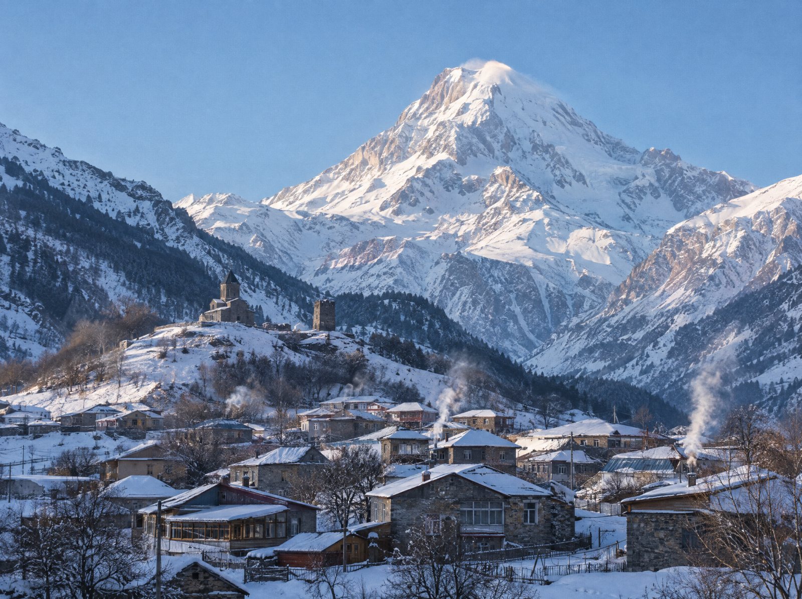 Stepantsminda and Mount Kazbek in winter