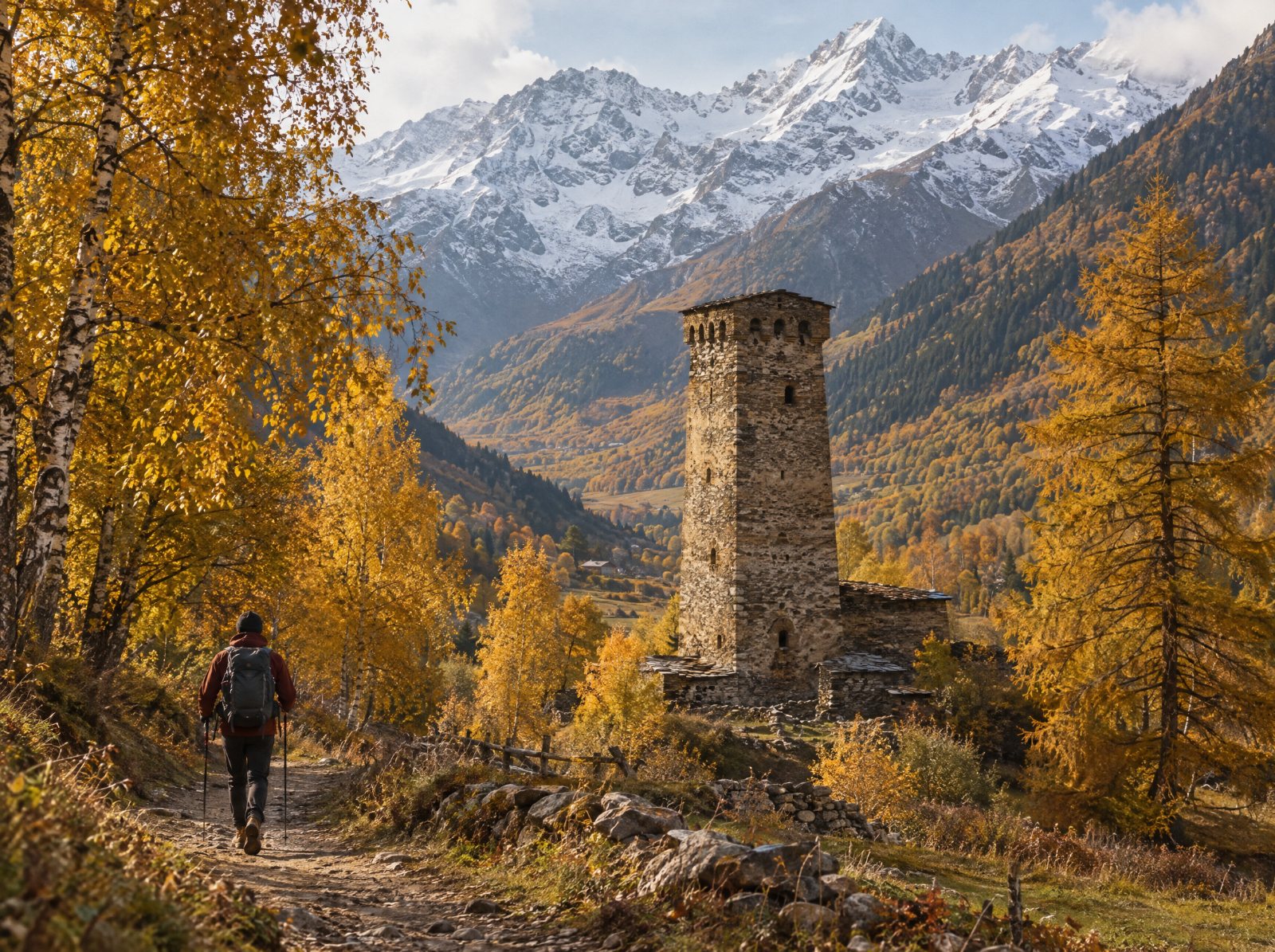 Lone Svan tower among autumn larches, Svaneti