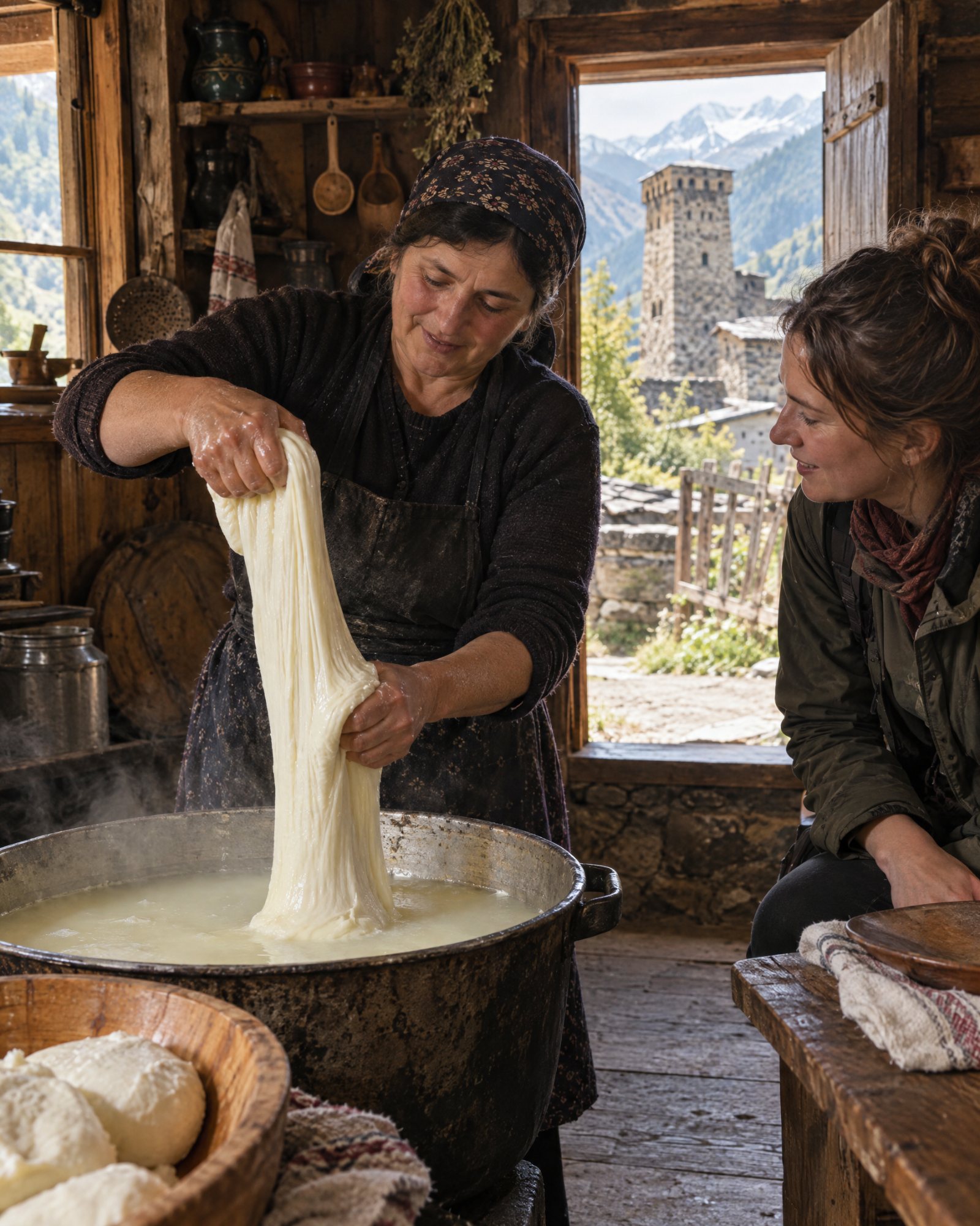 Sulguni cheese making on a family farm in Svaneti