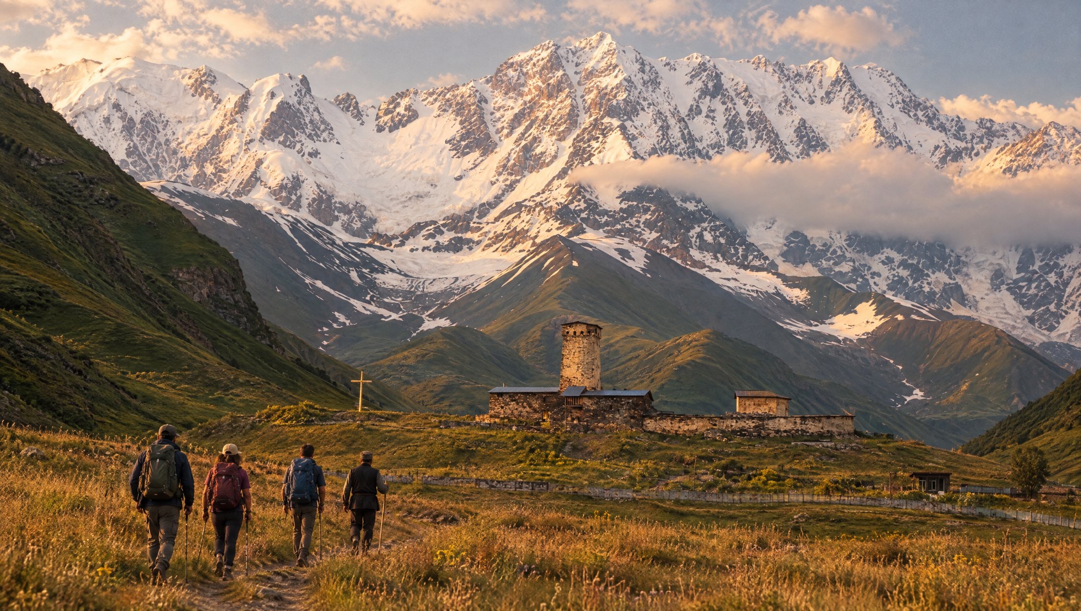 Small private group hiking toward Ushguli and Lamaria Church below Shkhara, Svaneti