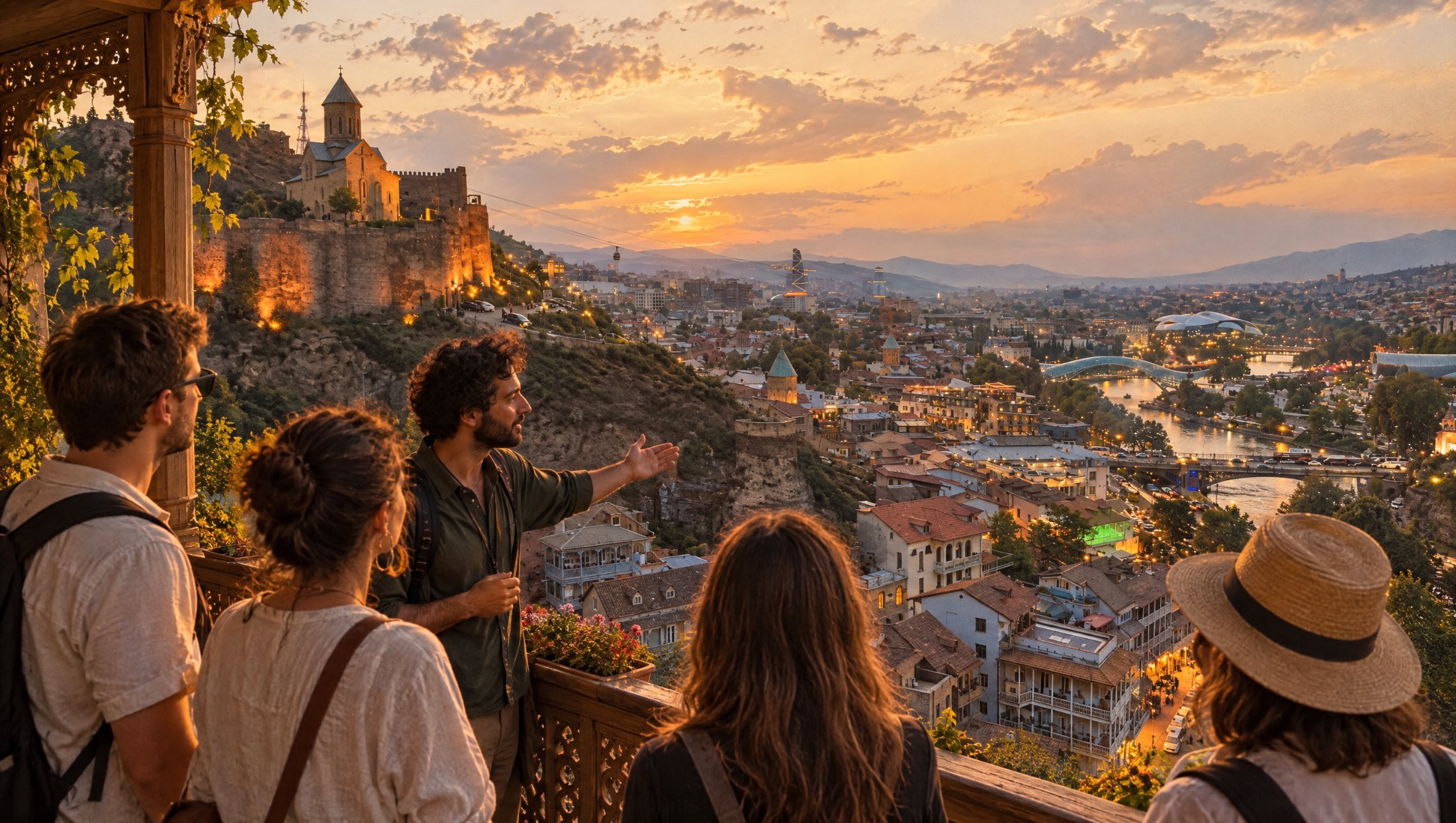 Guide and travelers on a terrace over Tbilisi old town