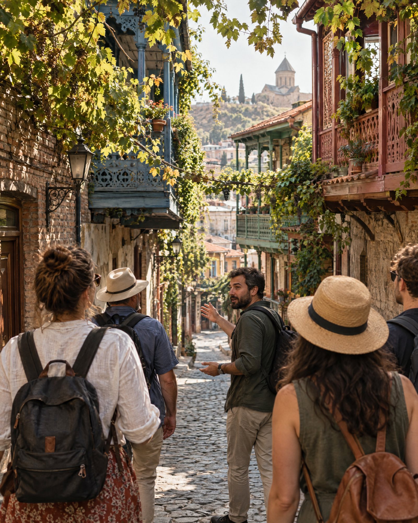 Guide leading a walking tour through Tbilisi old town