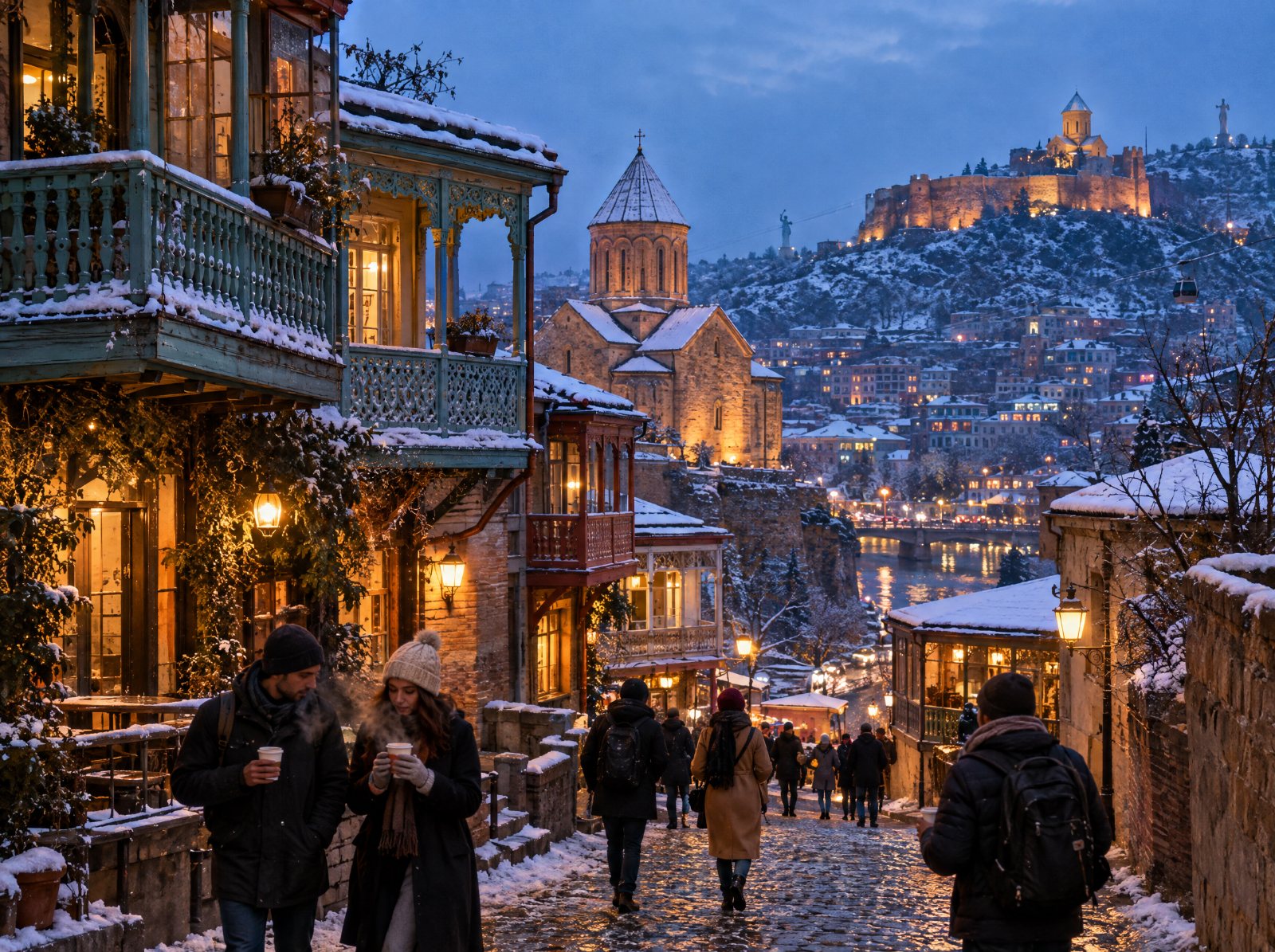Tbilisi old town on a snowy winter evening