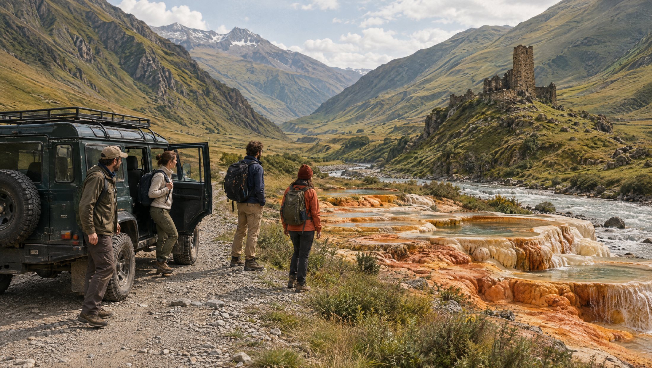 4WD stop by the travertine mineral springs in the Truso Valley
