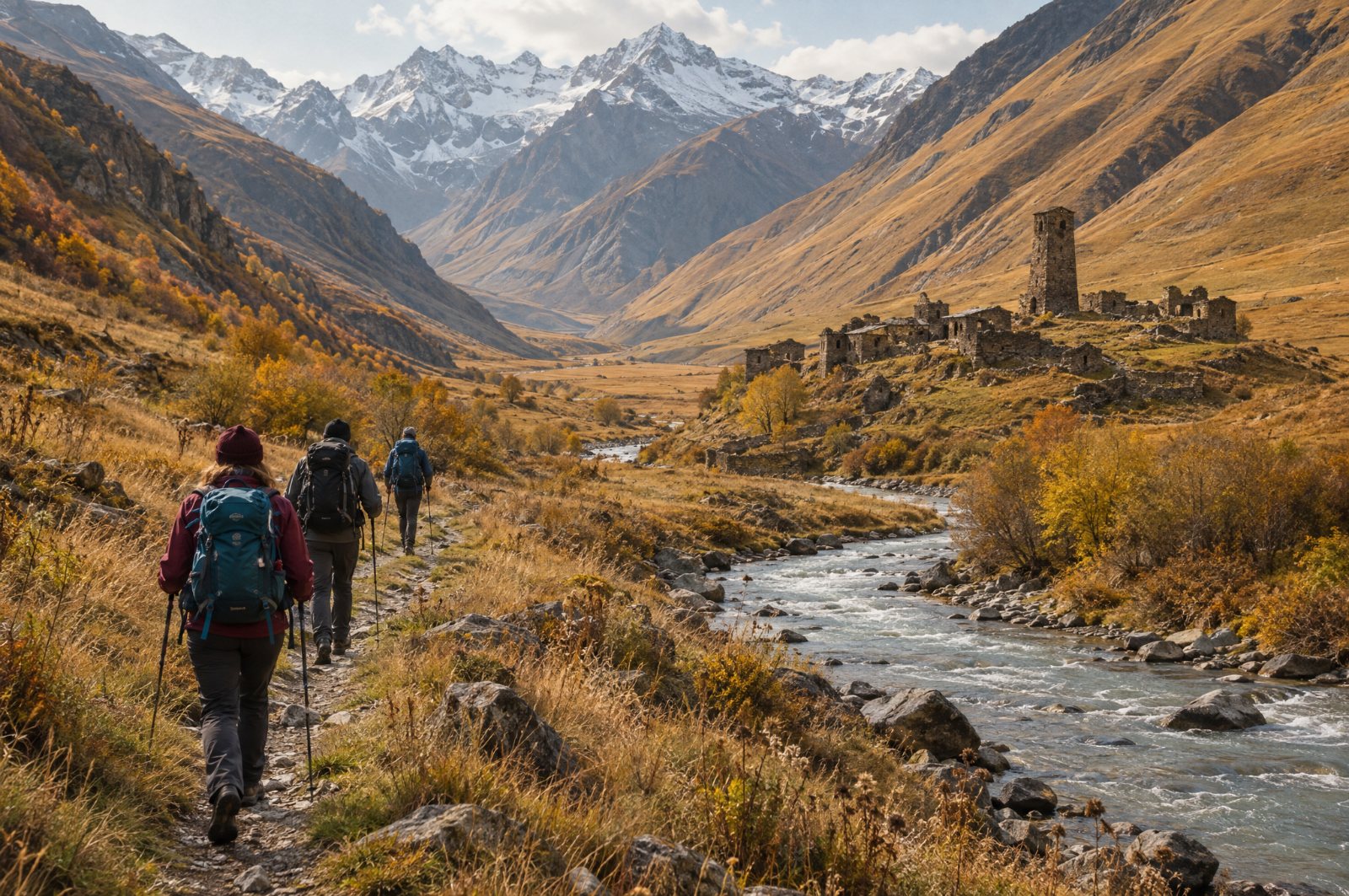 Hikers on the Truso Valley river trail toward Zakagori
