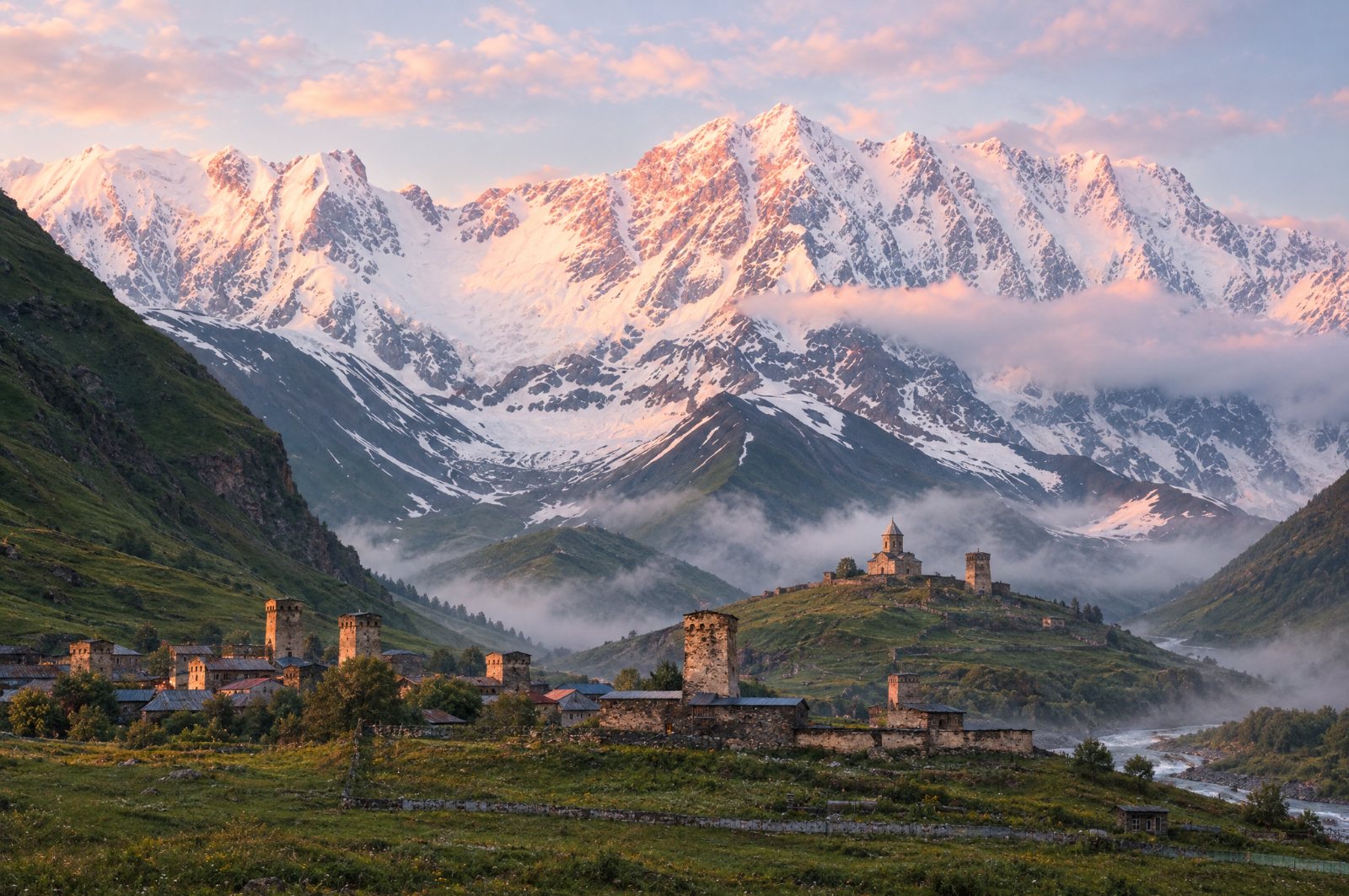 Ushguli and Shkhara at sunrise, Svaneti